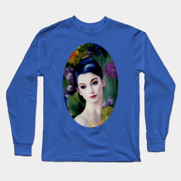 Elegant Vintage Style Collage Portrait of Beautiful Woman Long Sleeve T-Shirt by Sandy Richter Art & Designs